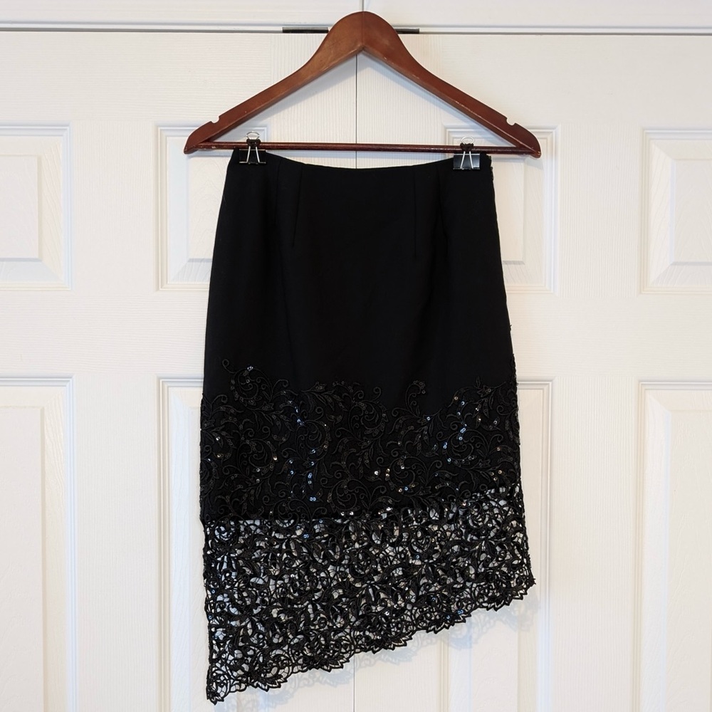 Y2K Vintage Dean Renwick Black Lace Floral Embroidery Sequin Asymmetrical Skirt